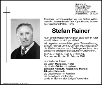 Traueranzeige von Stefan Rainer von Dolomiten