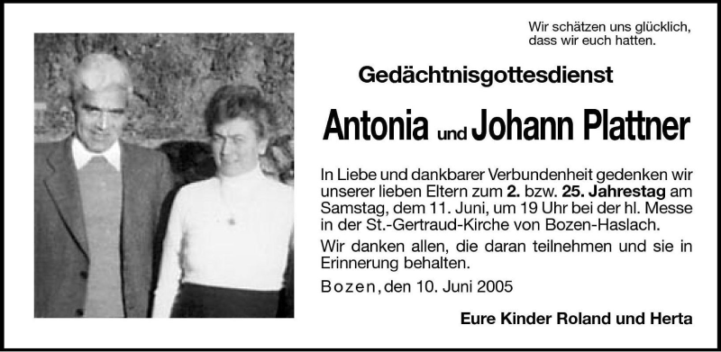  Traueranzeige für Eva Antonia Plattner vom 10.06.2005 aus Dolomiten
