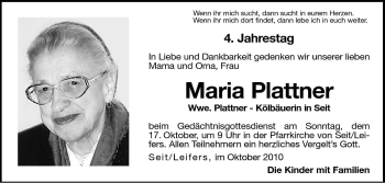 Traueranzeige von Maria Plattner von Dolomiten