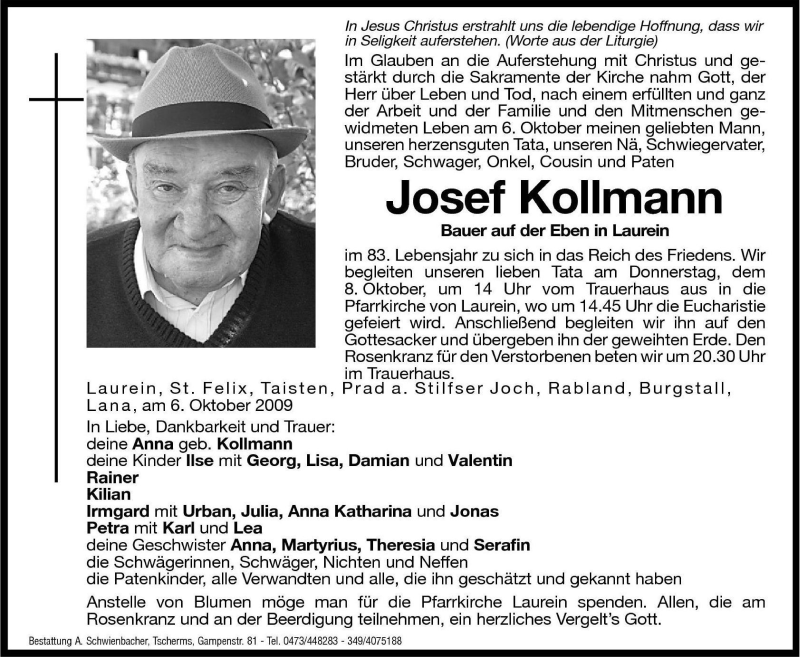  Traueranzeige für Josef Kollmann vom 07.10.2009 aus Dolomiten