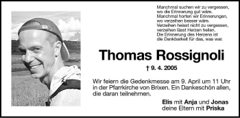 Traueranzeige von Thomas Rossignoli von Dolomiten