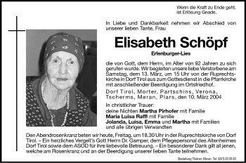 Traueranzeige von Elisabeth Schöpf von Dolomiten