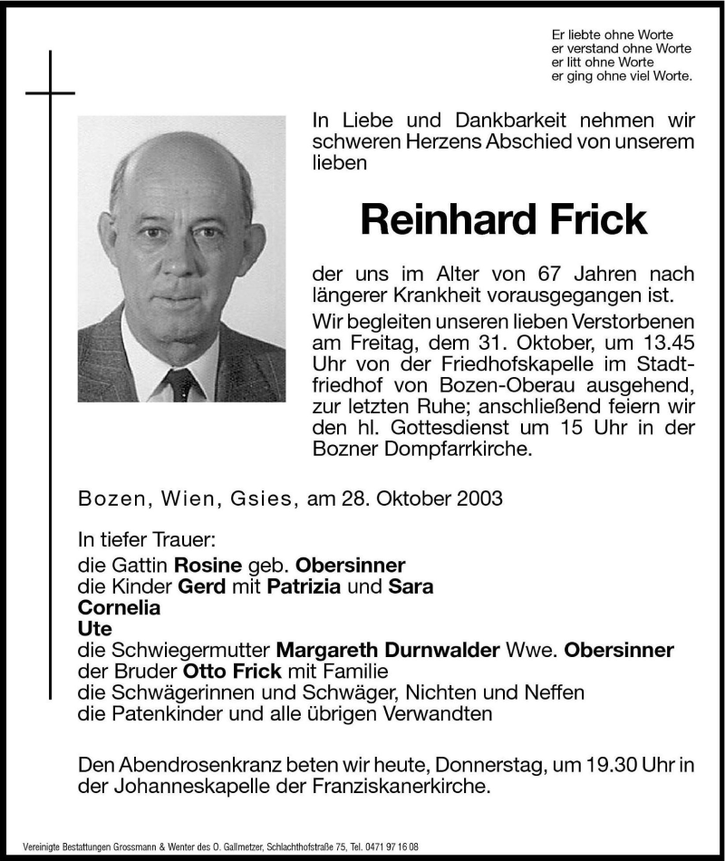  Traueranzeige für Reinhard Frick vom 30.10.2003 aus Dolomiten