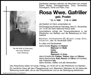 Traueranzeige von Rosa Gafriller von Dolomiten