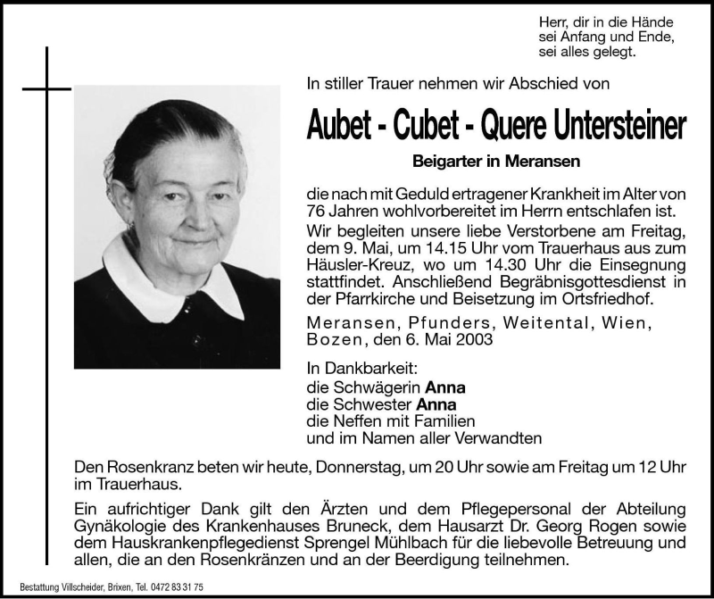  Traueranzeige für Aubet-Cubet-Quere Untersteiner vom 08.05.2003 aus Dolomiten