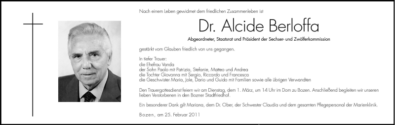  Traueranzeige für Alcide Berloffa vom 26.02.2011 aus Dolomiten