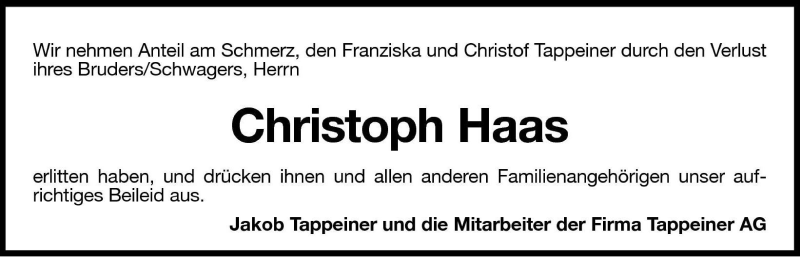  Traueranzeige für Christoph Haas vom 21.11.2008 aus Dolomiten