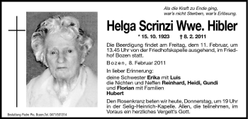 Traueranzeige von Helga Hibler von Dolomiten
