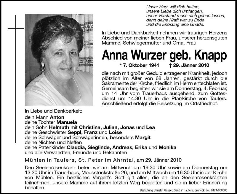  Traueranzeige für Anna Wurzer vom 03.02.2010 aus Dolomiten