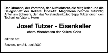 Traueranzeige von Josef Tutzer-Eisenkeller von Dolomiten