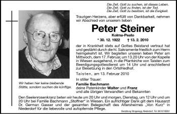 Traueranzeige von Peter Steiner von Dolomiten