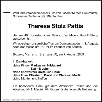 Traueranzeige von Therese Pattis von Dolomiten