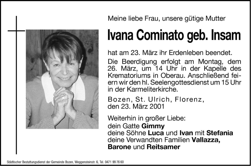  Traueranzeige für Ivana Cominato vom 24.03.2001 aus Dolomiten