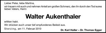 Traueranzeige von Walter Aukenthaler von Dolomiten
