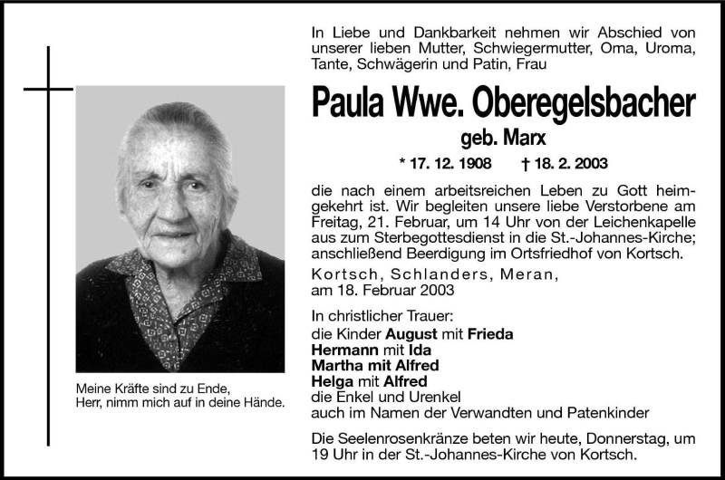  Traueranzeige für Paula Oberegelsbacher vom 20.02.2003 aus Dolomiten