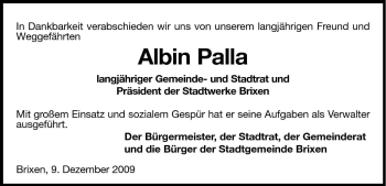 Traueranzeige von Albin Palla von Dolomiten