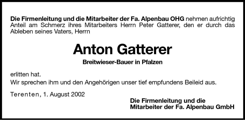  Traueranzeige für Anton Gatterer vom 02.08.2002 aus Dolomiten