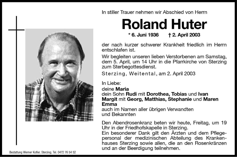  Traueranzeige für Roland Huter vom 04.04.2003 aus Dolomiten