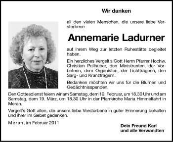 Traueranzeige von Annemarie Ladurner von Dolomiten