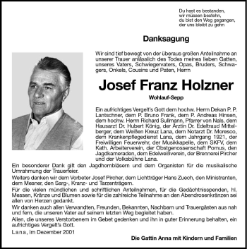 Traueranzeige von Josef Franz Holzner von Dolomiten