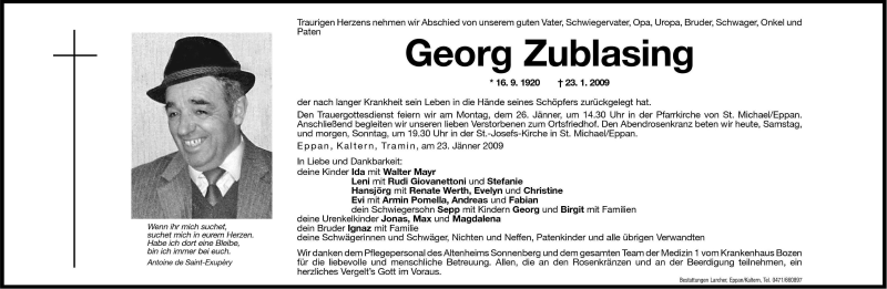  Traueranzeige für Georg Zublasing vom 24.01.2009 aus Dolomiten