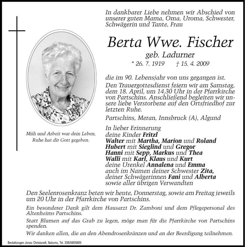  Traueranzeige für Berta Fischer vom 16.04.2009 aus Dolomiten