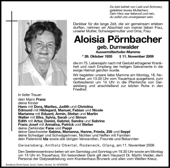 Traueranzeige von Aloisia Pörnbacher von Dolomiten