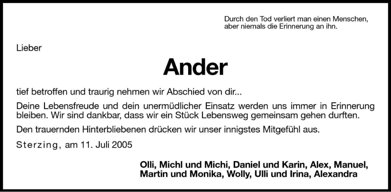  Traueranzeige für Ander  vom 11.07.2005 aus Dolomiten