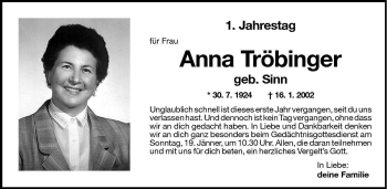 Traueranzeige von Anna Tröbinger von Dolomiten