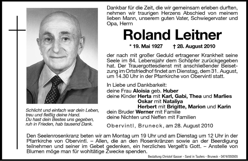  Traueranzeige für Roland Leitner vom 30.08.2010 aus Dolomiten