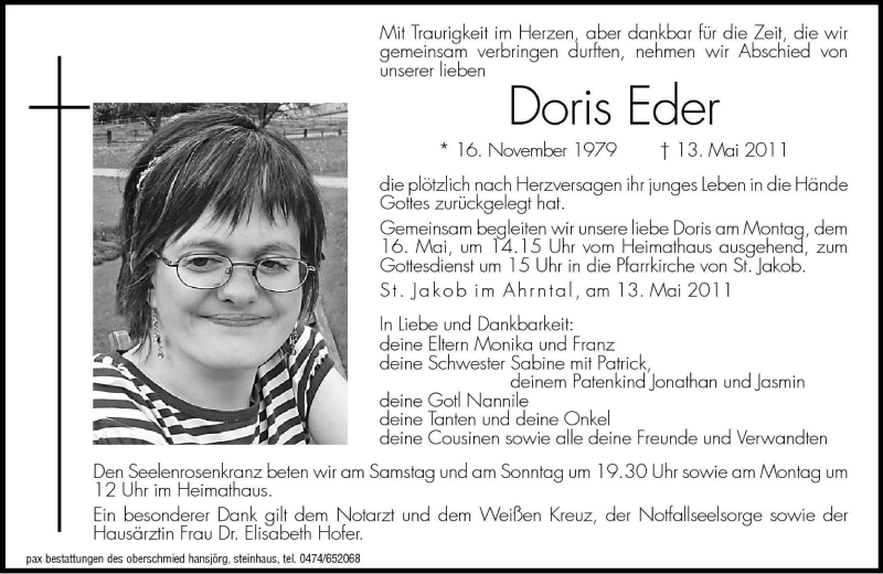  Traueranzeige für Doris Eder vom 14.05.2011 aus Dolomiten