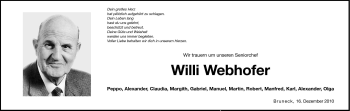 Traueranzeige von Willi Webhofer von Dolomiten