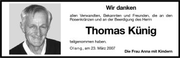 Traueranzeige von Thomas Künig von Dolomiten