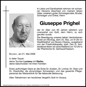 Traueranzeige von Giuseppe Prighel von Dolomiten
