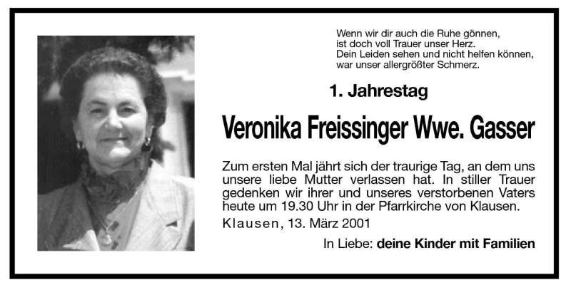  Traueranzeige für Veronika Gasser vom 13.03.2001 aus Dolomiten