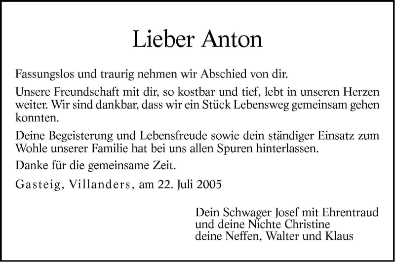  Traueranzeige für Anton  vom 22.07.2005 aus Dolomiten