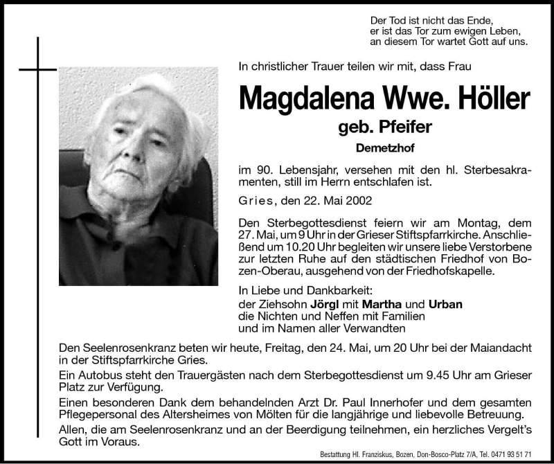  Traueranzeige für Magdalena Höller vom 24.05.2002 aus Dolomiten