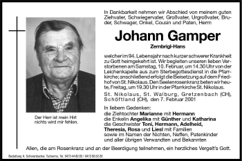Traueranzeige von Johann Gamper von Dolomiten