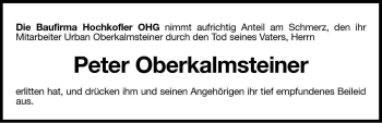 Traueranzeige von Peter Oberkalmsteiner von Dolomiten