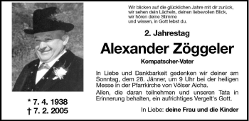 Traueranzeige von Alexander Zöggeler von Dolomiten