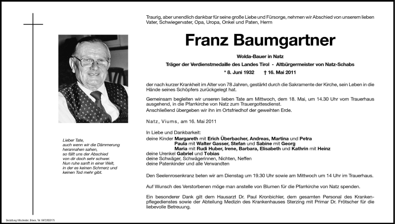  Traueranzeige für Franz Baumgartner vom 17.05.2011 aus Dolomiten