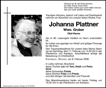 Traueranzeige von Johanna Gruber von Dolomiten