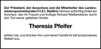 Traueranzeige von Theresia Weißensteiner von Dolomiten