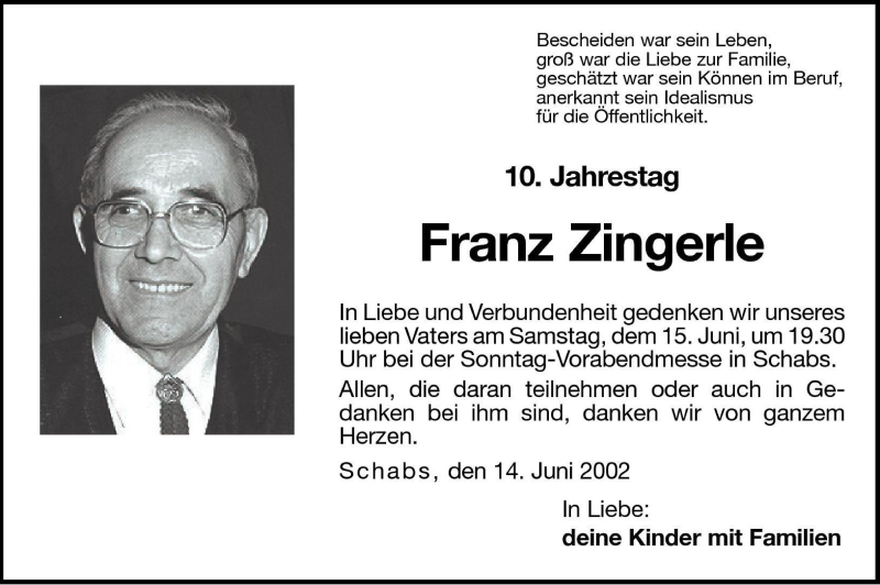  Traueranzeige für Franz Zingerle vom 14.06.2002 aus Dolomiten