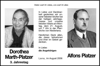 Traueranzeige von Dorothea Platzer von Dolomiten