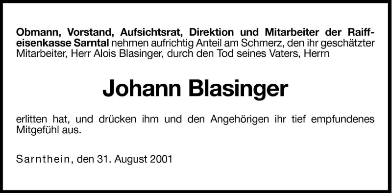  Traueranzeige für Johann Balsinger vom 01.09.2001 aus Dolomiten