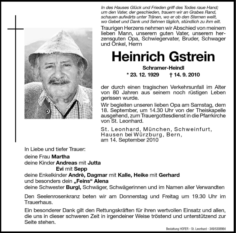  Traueranzeige für Heinrich Gstrein vom 16.09.2010 aus Dolomiten