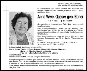Traueranzeige von Anna Gasser von Dolomiten