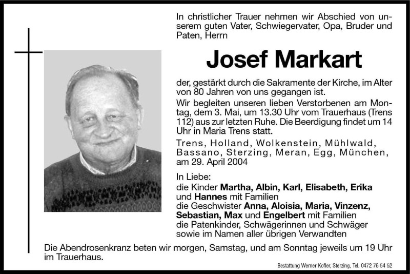  Traueranzeige für Josef Markart vom 30.04.2004 aus Dolomiten