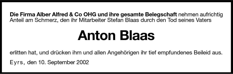  Traueranzeige für Anton Blaas vom 11.09.2002 aus Dolomiten